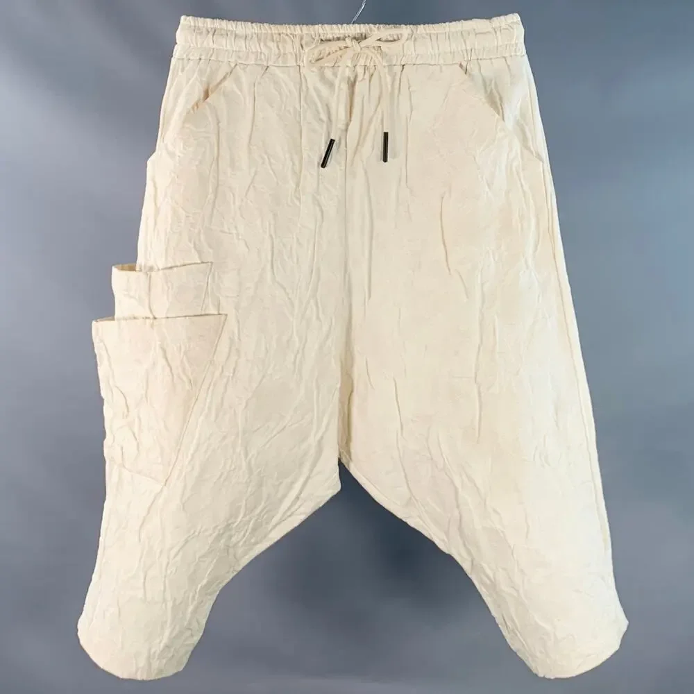 LA HAINE Size L Beige Jacquard Cotton Linen Drop Crotch Cropped Casual Pants